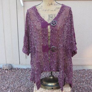 KAKTUS Open Weave short sleeve cardigan sweater burgundy wine color Size 1X EUC